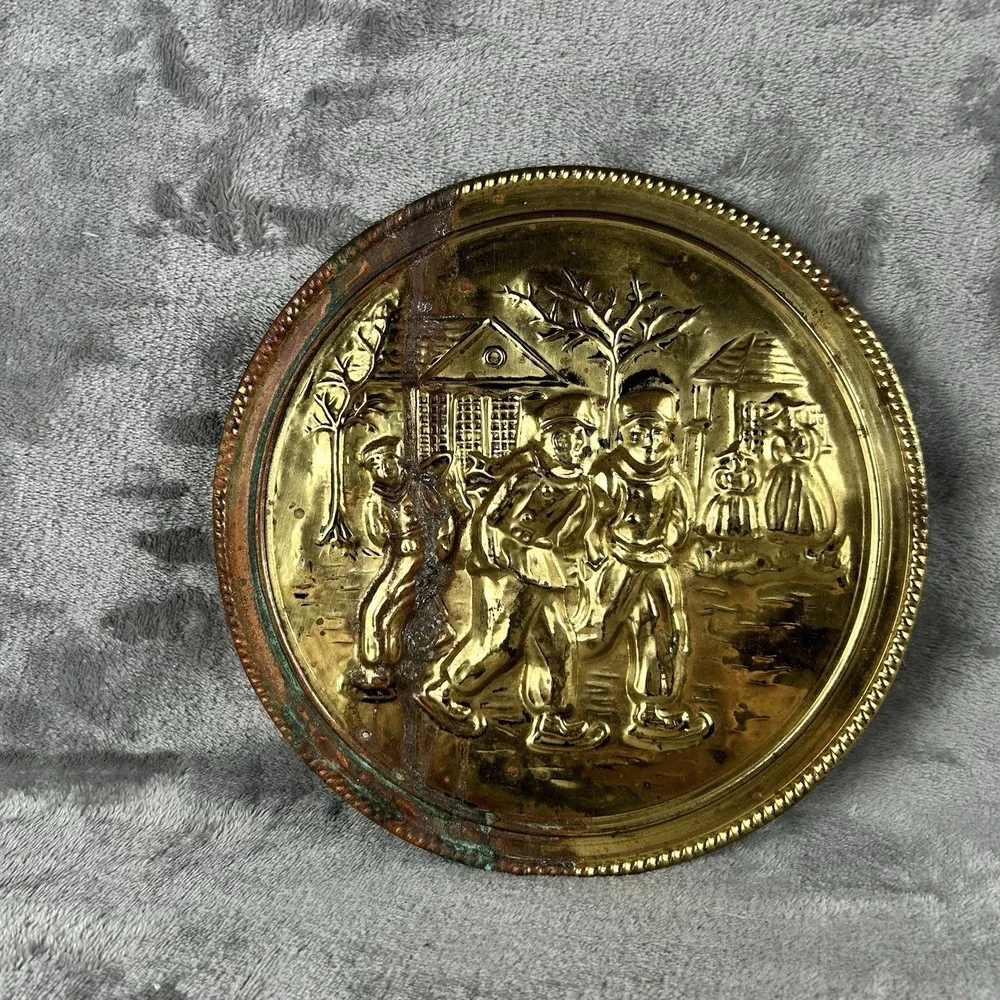 Vintage‎ Elpec Brass Wall Plaque Art Dutch Winter Scene Made In England Patina